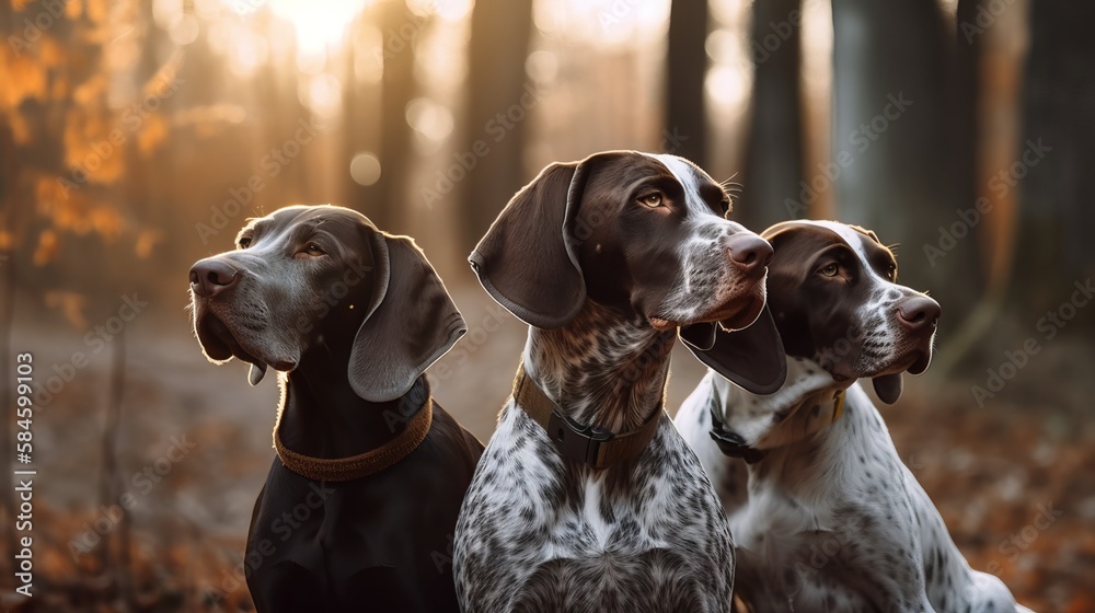 Three German Short hair Pointer dogs outdoor portrait against a woodland background. Three German Short hair Pointer dogs outdoor portrait against a woodland background.