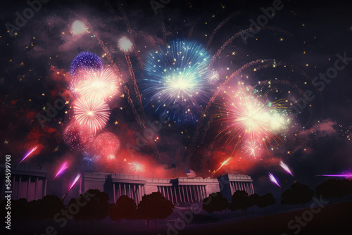 AI generated celebratory fireworks on background of american flag at usa independence day © Oleksandr