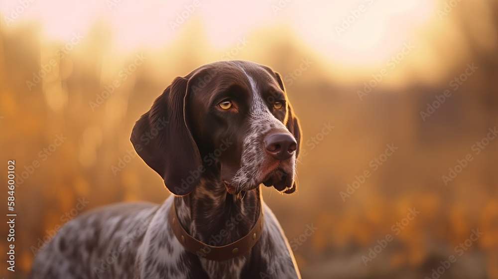 German Short hair Pointer dog outdoor portrait against a woodland background.
