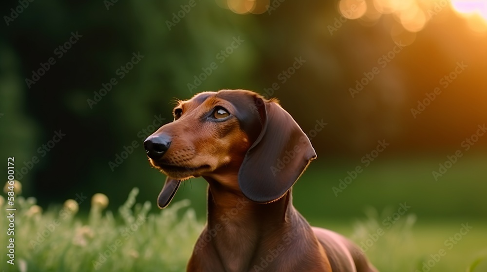 portrait of dachshund on a walk in a field covered with sunlight in spring or summer