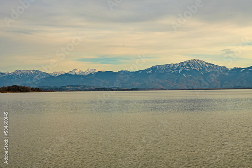 view over Chiemsee lake with the alps at the horizon