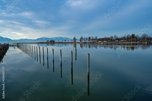 view over Chiemsee lake with the alps at the horizon