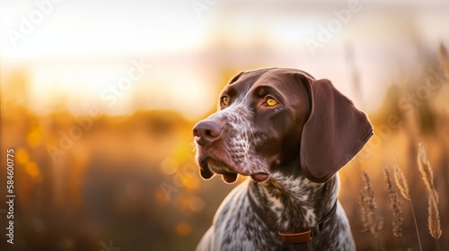 German Short hair Pointer dog outdoor portrait against a woodland background.