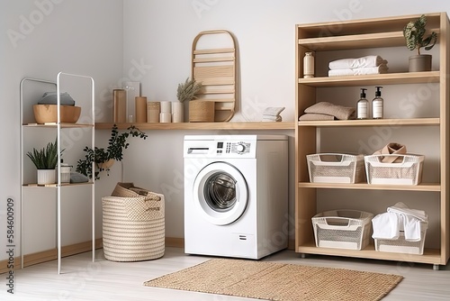 Modern Washing Machine and Shelving Unit in Laundry Room Interior 3. Generative AI