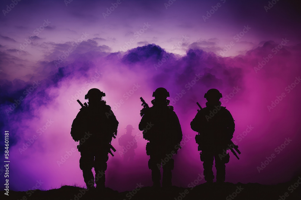 Fototapeta premium AI generated silhouettes of army soldiers attacking in smoke against sunset marines team in action
