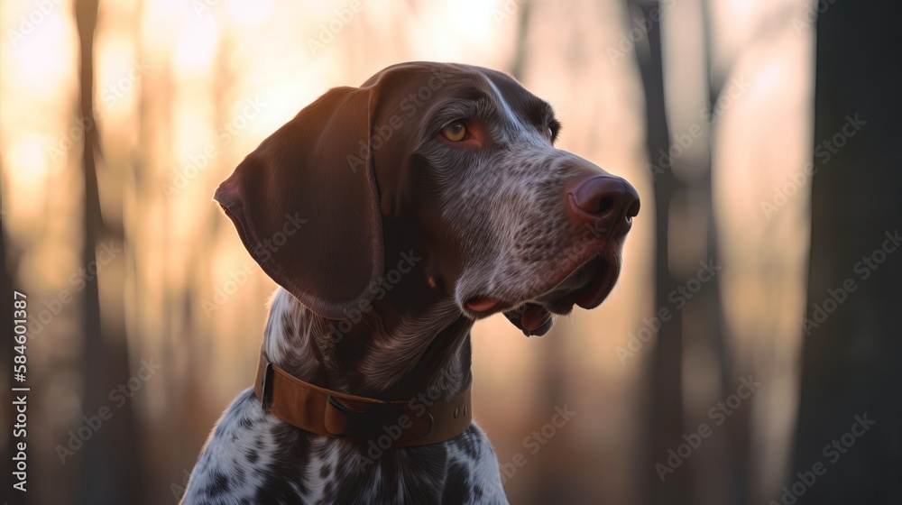 German Short hair Pointer dog outdoor portrait against a woodland background.