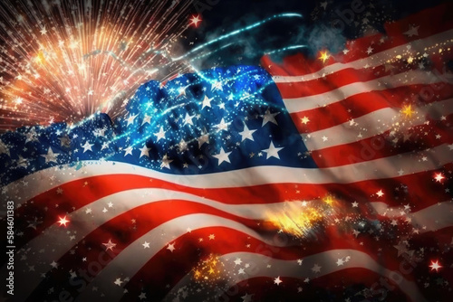 AI generated celebratory fireworks on background of american flag at usa independence day