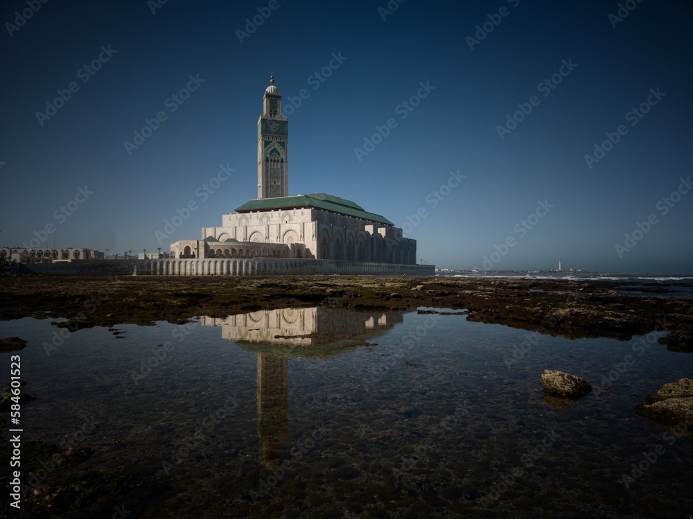 scenic view of Hassan II Mosque from the beach. Casablanca, Morocco
