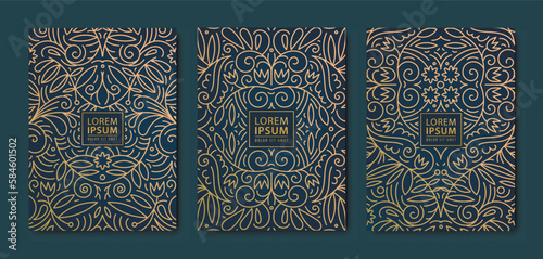 Vector swirl leaves patterns. Floral golden elements template in vintage style. Luxury black line covers, flyers, brochures, packaging design, social media post, banners