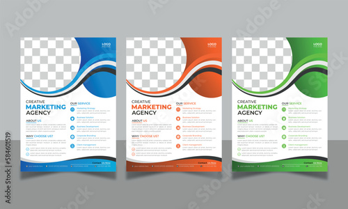 modern curvy flyer design, creative professional Corporate business flyer template design. set with three color. marketing, business proposal, promotion flyer.	
