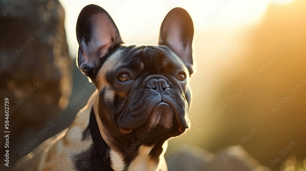 Cute french bulldog slitting outdoors bathed in sunlight.