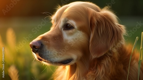 Beautiful golden retriever adult dog in a woodland outdoor sunlit, countryside setting.