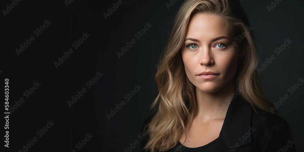Portrait d'une belle jeune femme blonde au yeux clair, cheveux longs sur fond sombre avec espace pour du texte sur le côté, type bannière - Générer par IA Portrait d'une belle jeune femme blonde au yeux clair, cheveux longs sur fond sombre avec espace pour du texte sur le côté, type bannière - Générer par IA