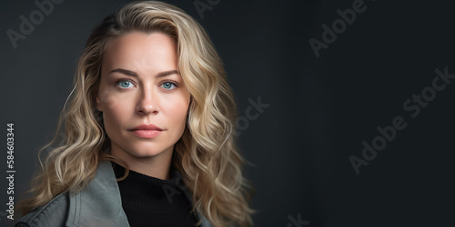 Portrait d'une belle jeune femme blonde au yeux clair, cheveux longs sur fond sombre avec espace pour du texte sur le côté, type bannière - Générer par IA photo