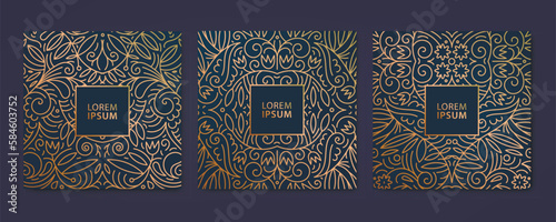 Vector set of swirl hand drawn ornate cards, luxury cover templates, square line patterns. Use for package, placards, banners, flyers, invitations and cards. Vintage style.
