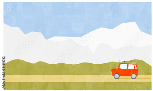 旅行に出かける荷物を積んだ車と風景の背景　冬