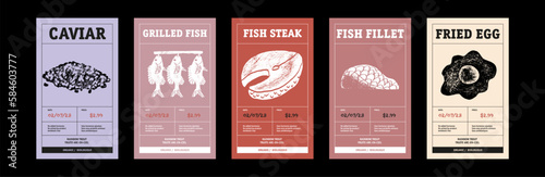 Modern typography banner, hand drawn steak. Meat, caviar, grilled fish, fish steak, fillet, fried eggs. abstract vector packaging labels design set. Color paper background layouts collection Isolated.