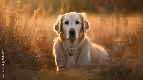 Beautiful golden retriever adult dog in a woodland outdoor sunlit, countryside setting.