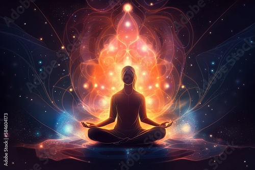 Eine Person in einer meditativen Pose auf einer Yoga-Matte mit geschlossenen Augen und symbolischen Elementen im Hintergrund, was die Verbindung von Yoga und Esoterik darstellt. (Generative AI)