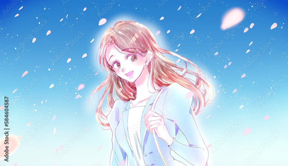 輝く女性のイメージ ビジネスパーソン 桜吹雪 輝く女性のイメージ ビジネスパーソン 桜吹雪