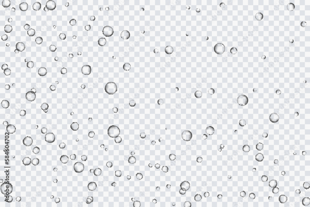Air bubbles, oxygen, champagne crystal clear, isolated on a transparent background of modern design. Vector illustration of EPS 10.