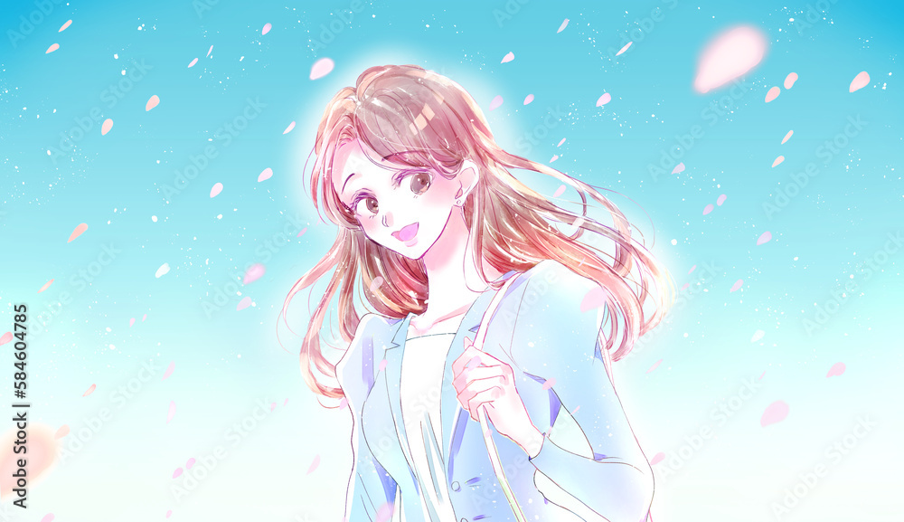 輝く女性のイメージ　ビジネスパーソン　桜吹雪