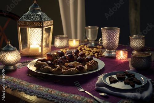 Close up variety of table with arabic food during iftar meal on ramadan AI generated