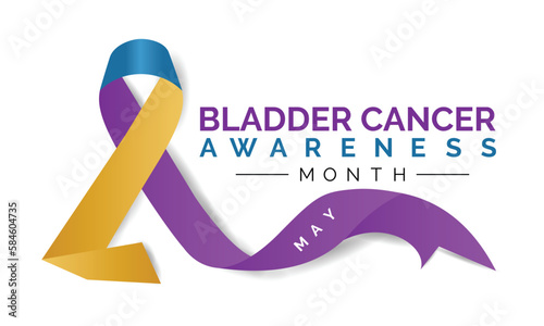 Bladder Cancer Awareness Calligraphy Poster Design. Purple Ribbon and Realistic Marigold And Blue vector.