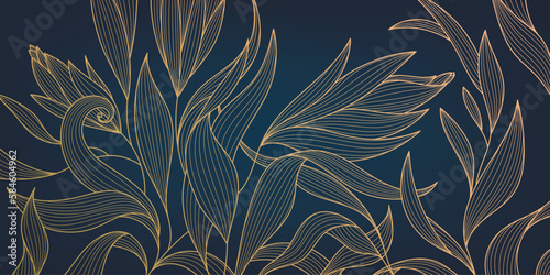 Vector golden leaves botanical modern, art deco wallpaper background pattern. Line design for interior design, textile, texture, poster, package, wrappers, gifts. Luxury. Japanese style.