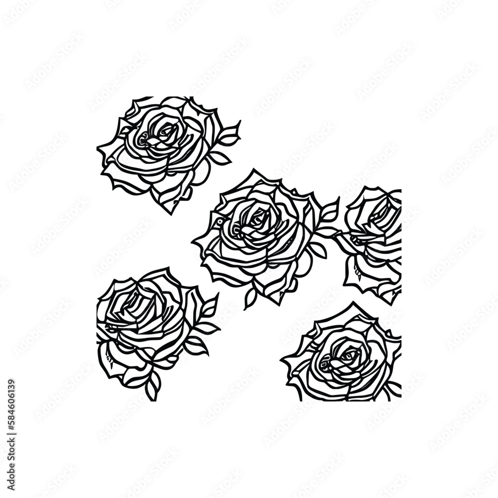 Fototapeta premium Nice Roses Vector artwork coloring page, coloring book, black outline hand drawn sketch. Vector element for natural, wedding design, plant, botanical illustration, coloring book, line art.
