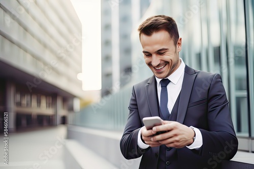 Caucasian Businessman holding phone and texting in the morning. Man using phone for business agreement.