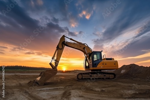 Yellow crawler excavator digging dirt with beautiful sunset, generative ai. 
