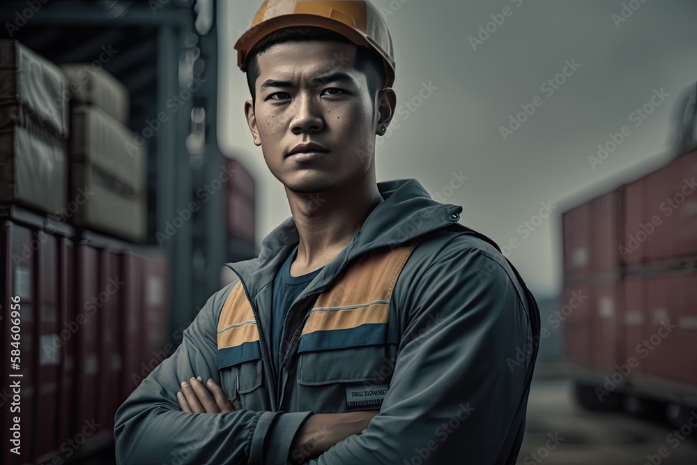 Portrait of Asian construction worker man working in industry.
