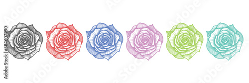 Six roses Vector with leaf Line art, three roses coloring page, coloring book.