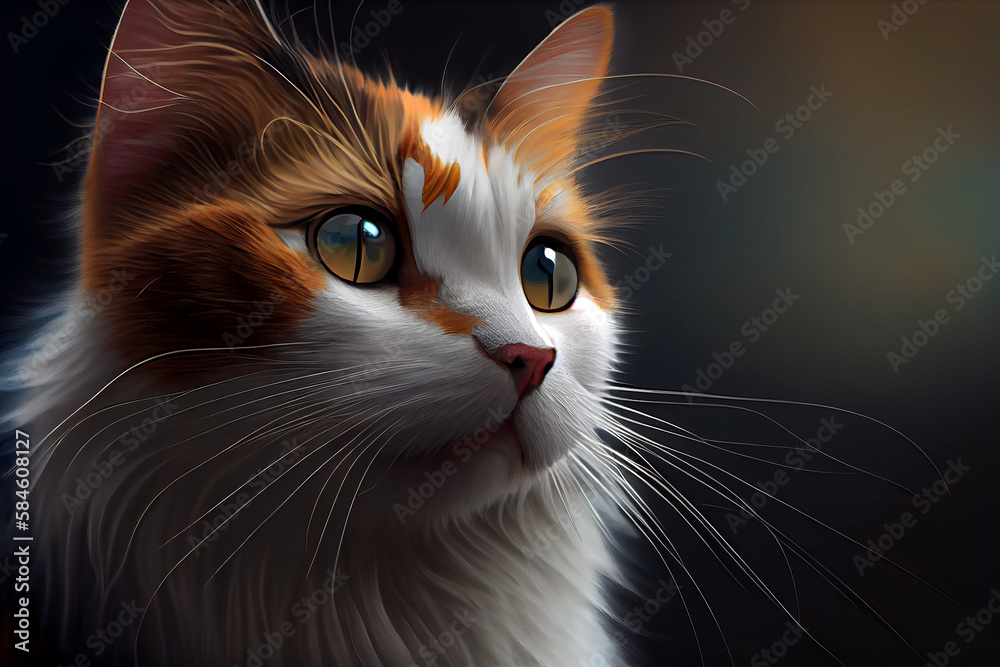 Generative AI illustration of cute cat with white and orange fur and ...