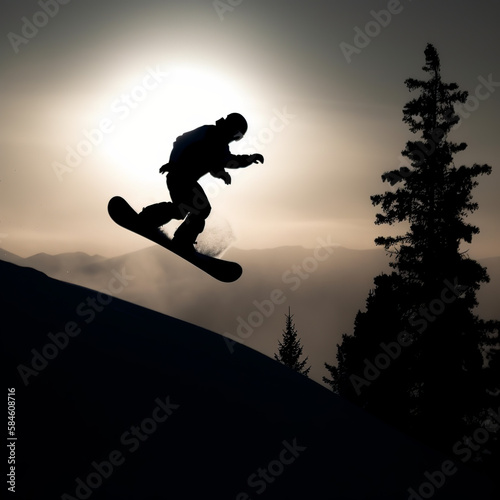 silhouette, snowboard, ski, winter, sport, snow, mountain, vector, woman, extreme, snowboard, people, illustration, skier, sky, action, nature, jump, snowboarder, cold, speed, generative ai