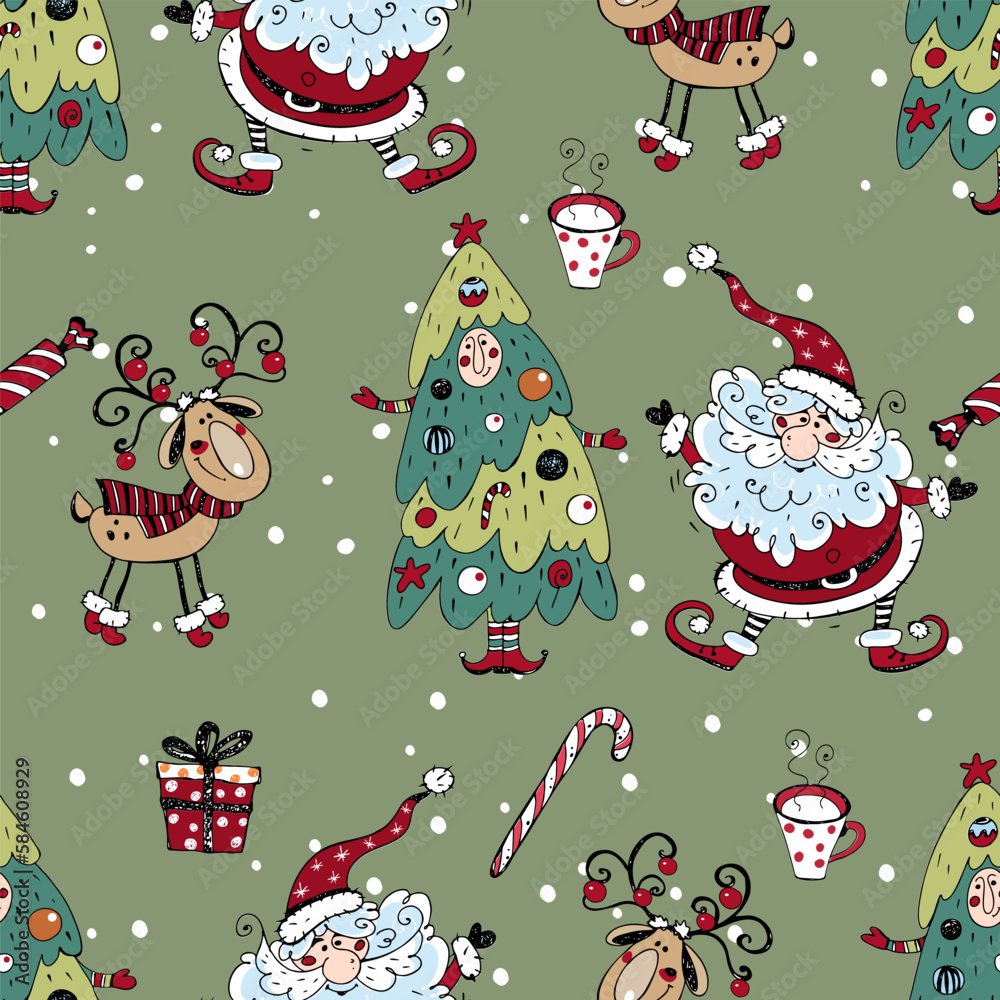 Christmas seamless pattern with Santa Claus, snowman and Christmas tree. Doodle style. Vector. Christmas seamless pattern with Santa Claus, snowman and Christmas tree. Doodle style. Vector.