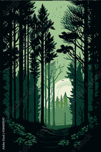 Panorama of green eco forest. Green ecological forest. Horizontal vector illustration.