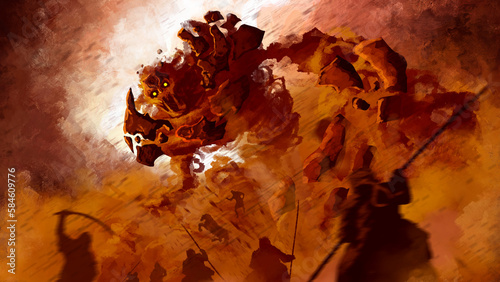 The evil spirit of the desert in anger attacks the army of desert warriors creating a sandstorm around. 2d illustration