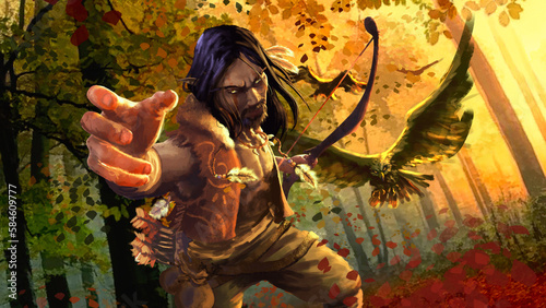 An elven archer runs through the forest accompanied by a falcon. 2d illustration