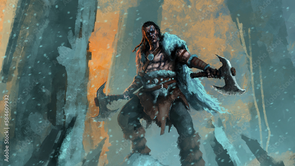 A brave viking warrior with two axes with a skin on his shoulders stands on a rock covered with snow in winter. 2d illustration A brave viking warrior with two axes with a skin on his shoulders stands on a rock covered with snow in winter. 2d illustration