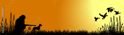 Wildlife duck animals hunting hunt panorama vector illustration - Black silhouette of hunter with rifle gun and dog in reed bog shoots at flying mallard ducks, morning sunrise sky