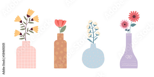 可愛い花瓶と花のイラストセット