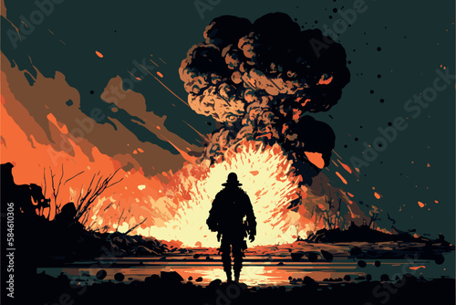 Silhouette of soldier on battlefield. Warzone. Military man on desolated area. Vector illustration of explosion and destruction. Modern war, burning landscape. Black smoke. Apocalypse. Infantry troops