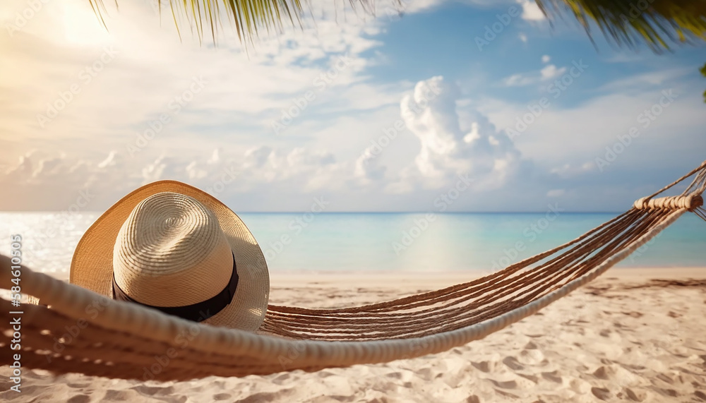 Vacances à la plage, hamac avec chapeau de paille sous les palmiers, destination paradisiaque, repos et tranquillité (AI) 