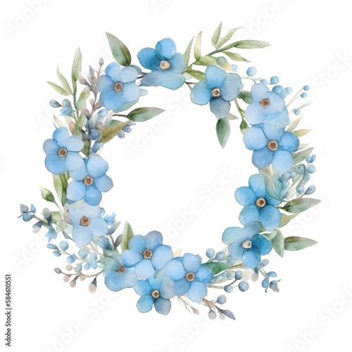 Spring blue flower wreath. A circular blue flower frame.Isolated. Generative AI