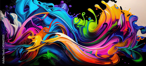 Splashes of Vivid Colored Paint Wavy Colorful Abstract Art Background with AI Generative