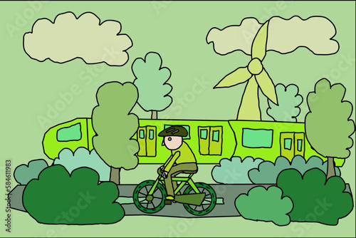 A cartoon character dressed in green cycling on a road with a green train passing him by and a modern windmill in the background