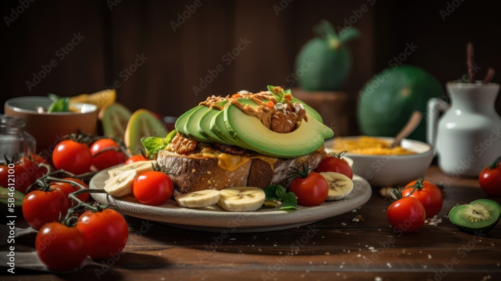 Avocado Toasts with Tomato and Banana: A Vegan Breakfast Delight. Gen AI Avocado Toasts with Tomato and Banana: A Vegan Breakfast Delight. Gen AI