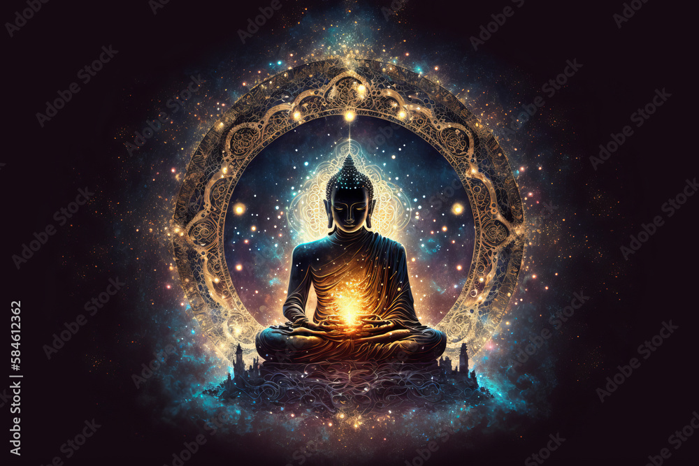 Generative AI illustration of Buddha wearing traditional clothes meditating in lotus pose with magic light glowing in hands against ornamental circle on black background - obrazy, fototapety, plakaty 